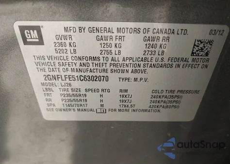 2012 Chevrolet Equinox Ltz из США, поврежденный, VIN 2GNFLFE51C6302070